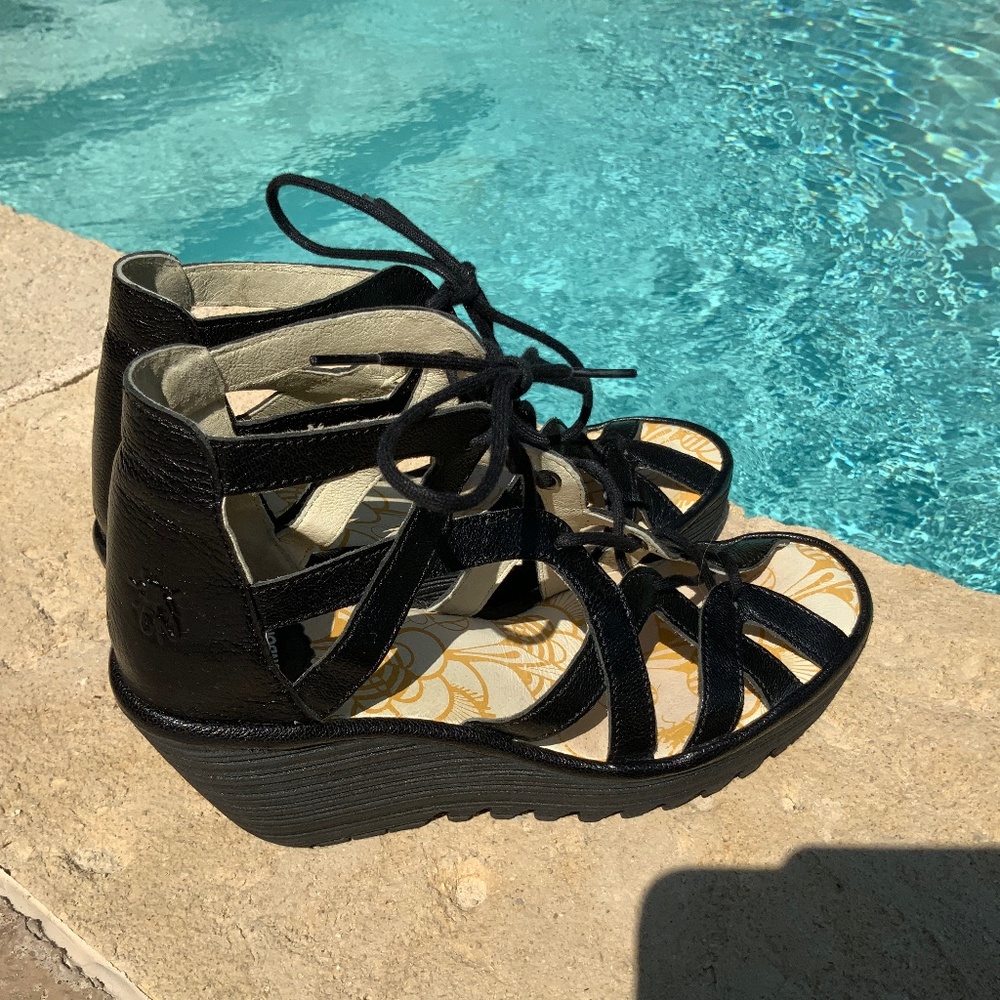 Fly London black lace up wedge sandals 37 (6.5 US)